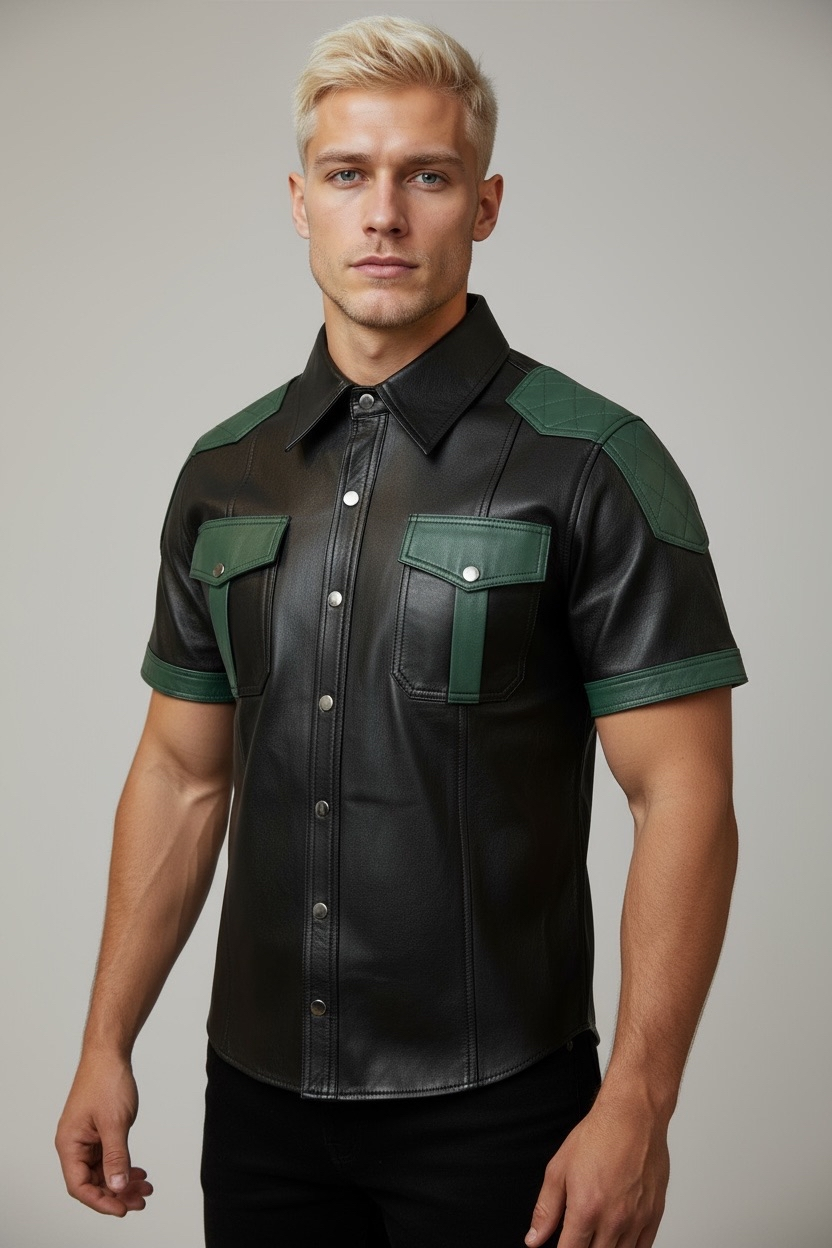 Läderskjorta, skinnskjorta, quiltade axlar, svart med gröna detaljer