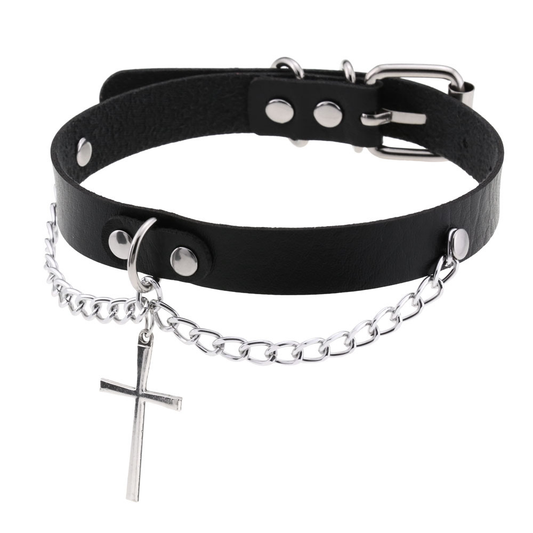 Choker i svart eller rosa med kedjor och kors