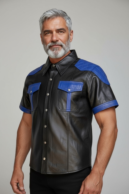 Läderskjorta, skinnskjorta, quiltade axlar, svart med blå detaljer