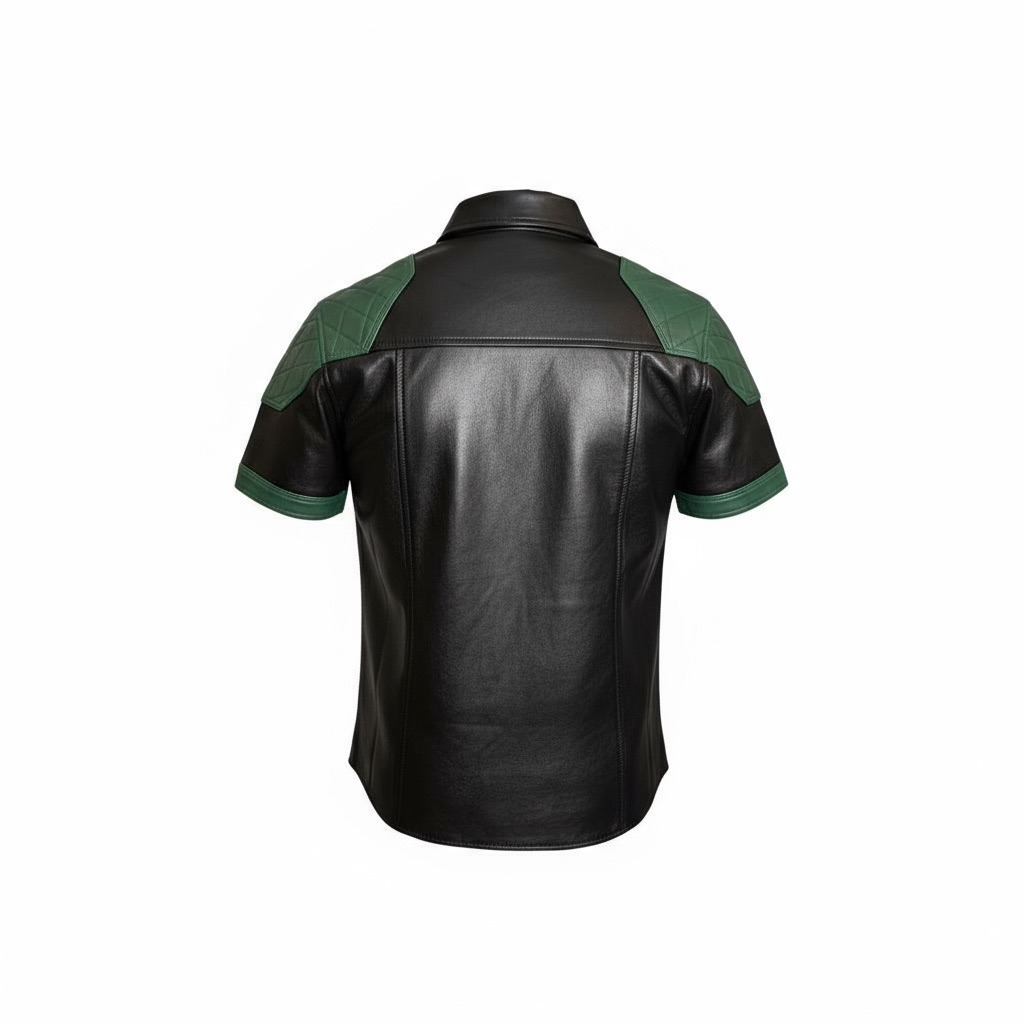 Läderskjorta, skinnskjorta, quiltade axlar, svart med gröna detaljer