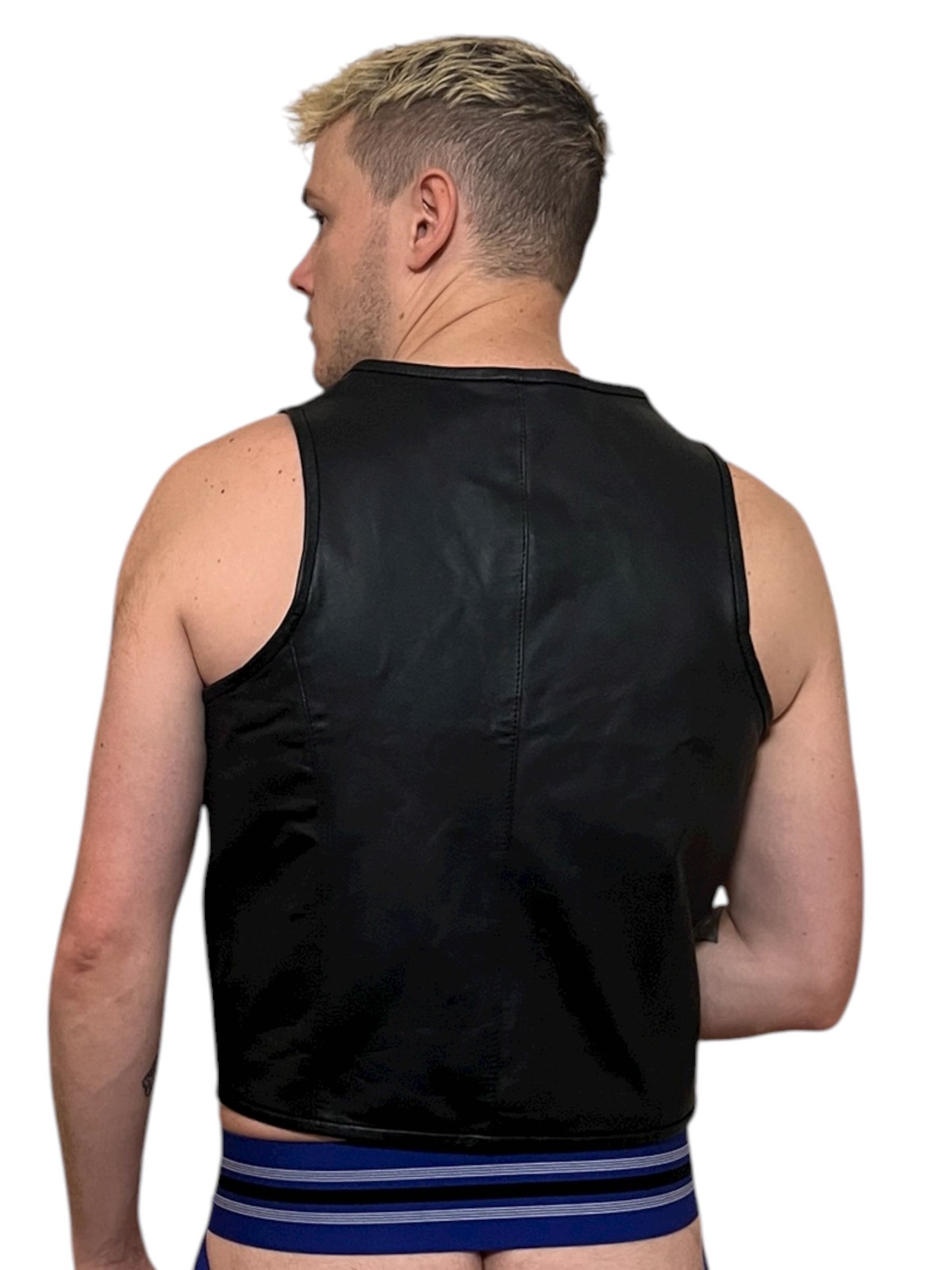 Mens bar vest i äkta läder, svart skinnväst