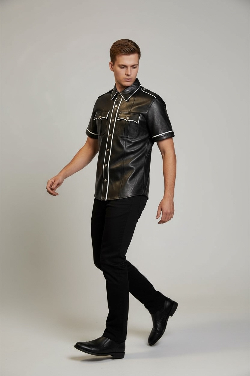 Läderskjorta, skinnskjorta, svart med vita detaljer