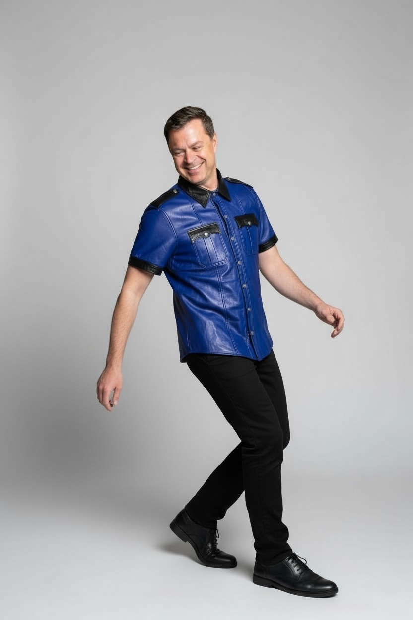 Läderskjorta, skinnskjorta, blå med svarta detaljer