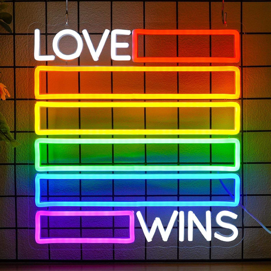 Skylt,neon LOVE WINS, REGNBÅGSFÄRG, PRIDE