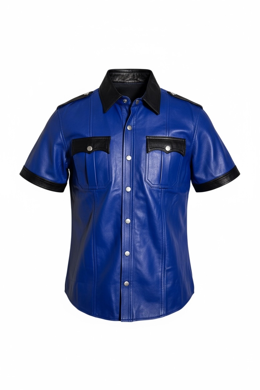 Läderskjorta, skinnskjorta, blå med svarta detaljer