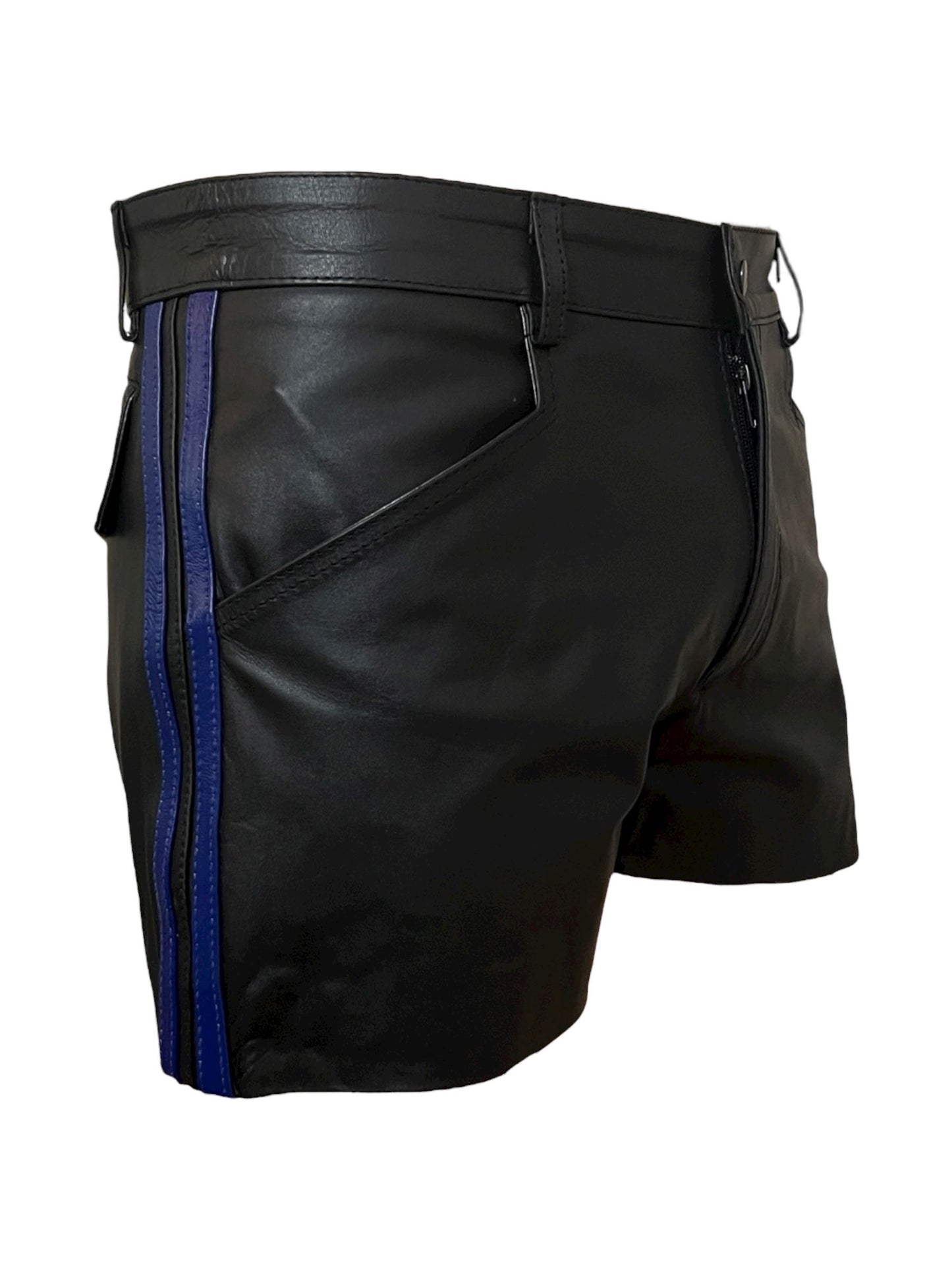Shorts i riktigt läder, svarta skinnshorts med blå revärer, BDSM och gay