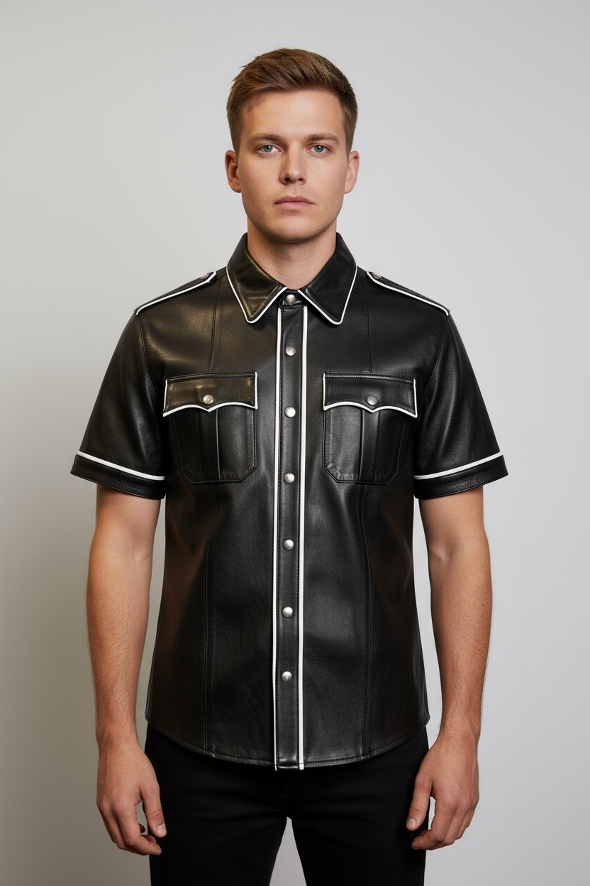Läderskjorta, skinnskjorta, svart med vita detaljer
