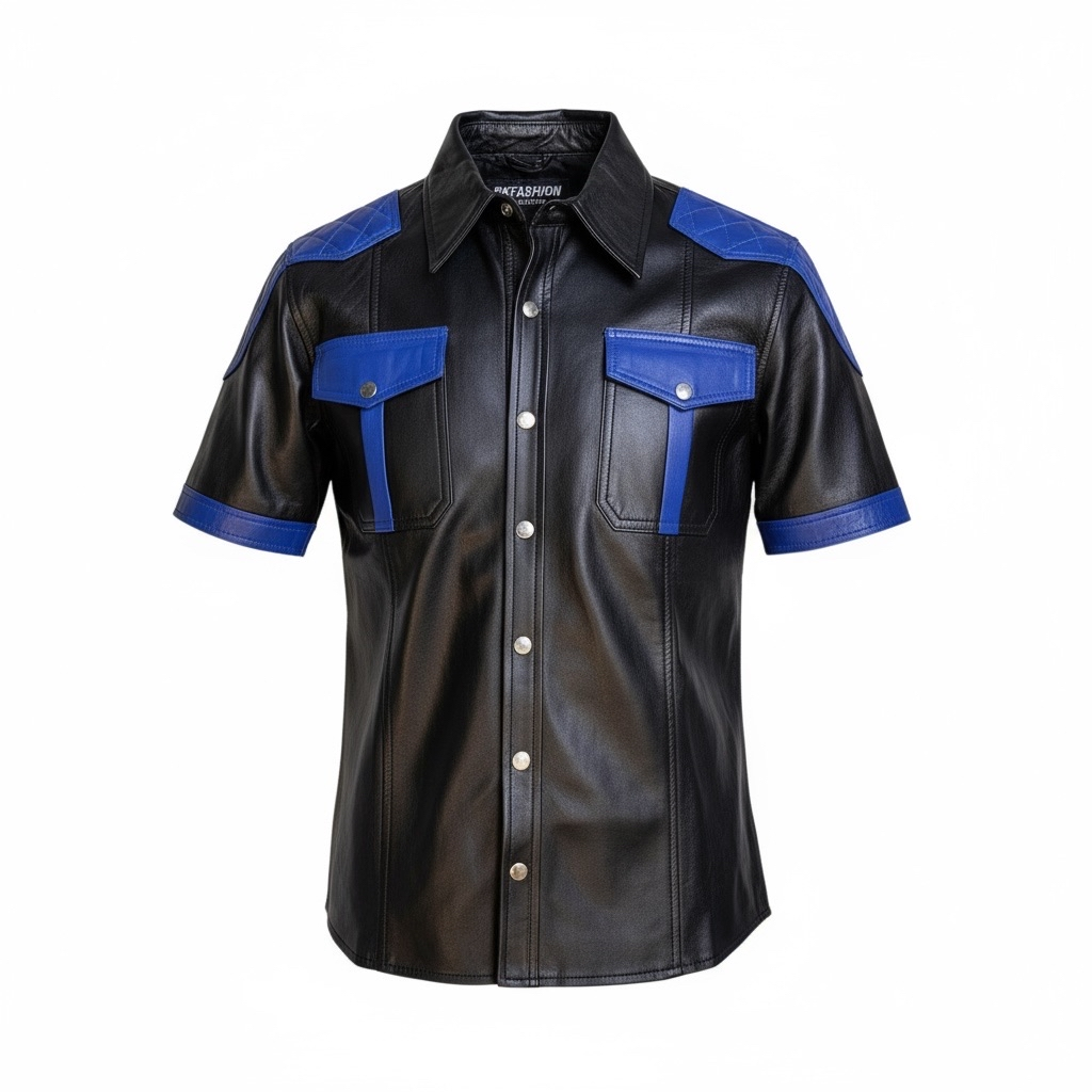 Läderskjorta, skinnskjorta, quiltade axlar, svart med blå detaljer
