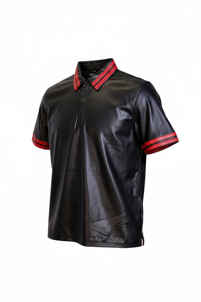 Läderskjorta, skinnskjorta, pikétröja svart med röda detaljer