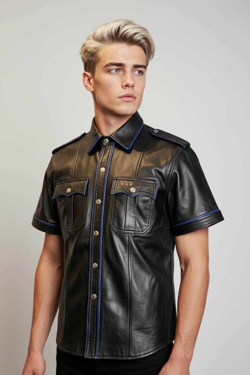 Läderskjorta, skinnskjorta, svart med blå detaljer