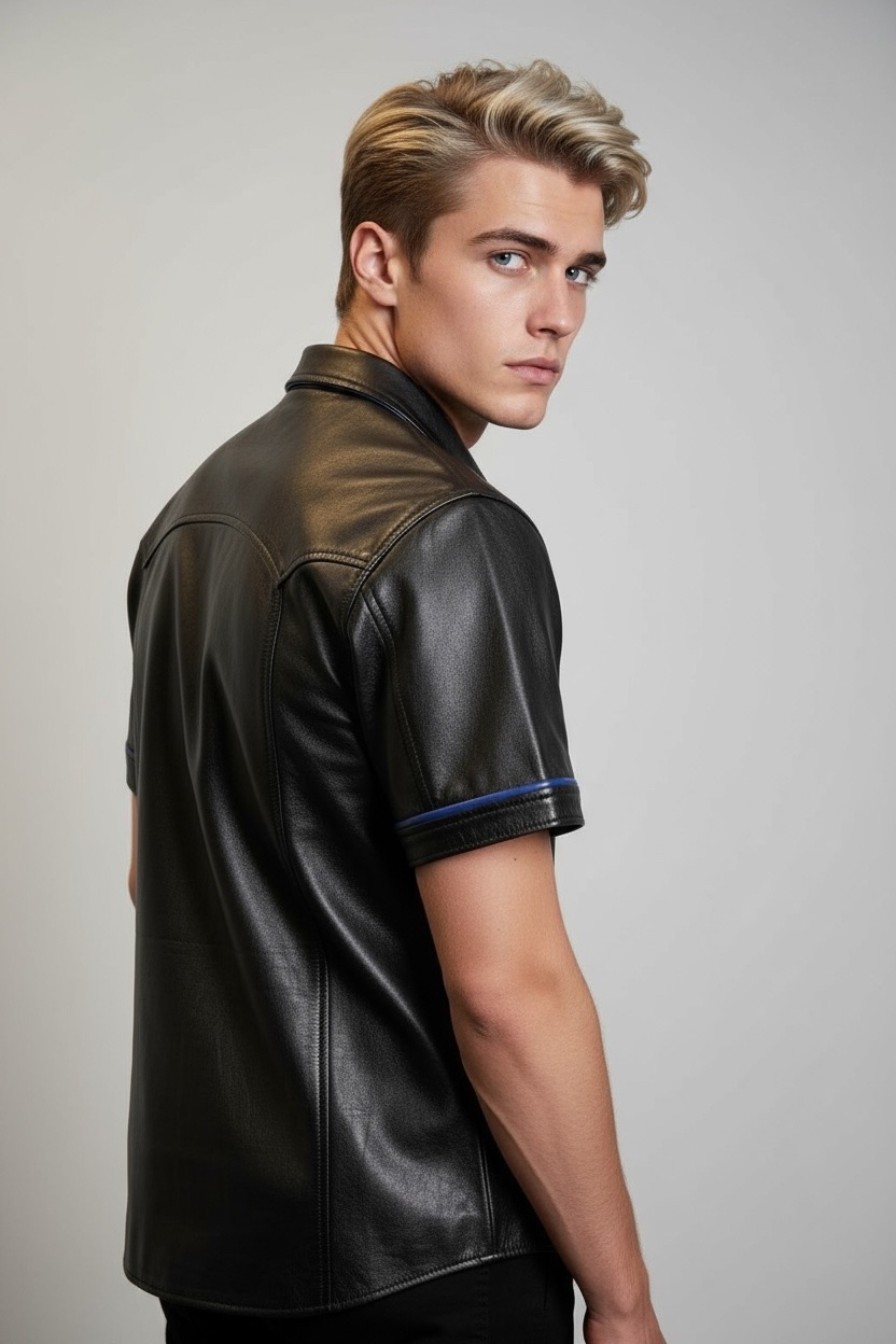 Läderskjorta, skinnskjorta, svart med blå detaljer