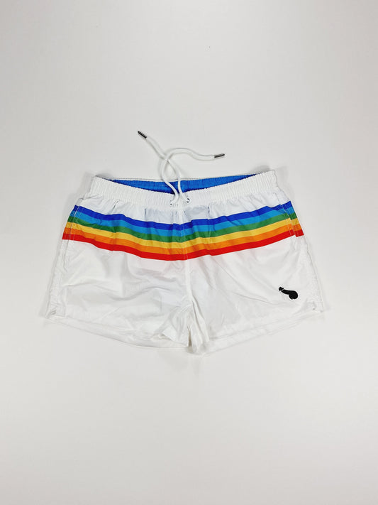 Swim shorts or swimming trunks, white with rainbow colors