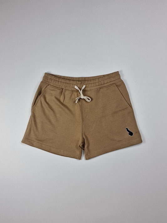 Pantalón corto tipo jogger, beige, con estampado de pene. De hombre o unisex