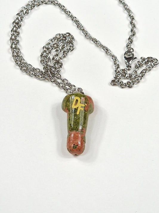 Necklace of semi-precious stone unakite. The crystal is shaped like a dick or penis