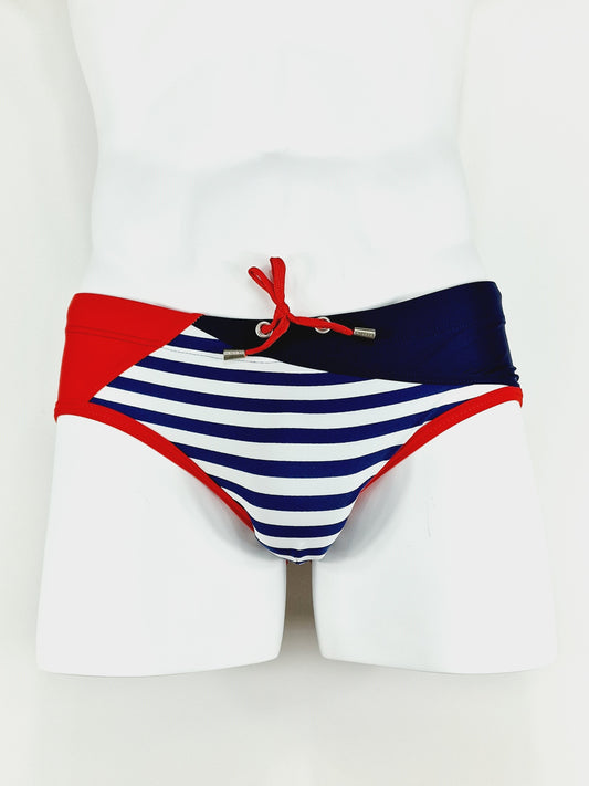 Swim speedos, striped swimming trunks in sailor style