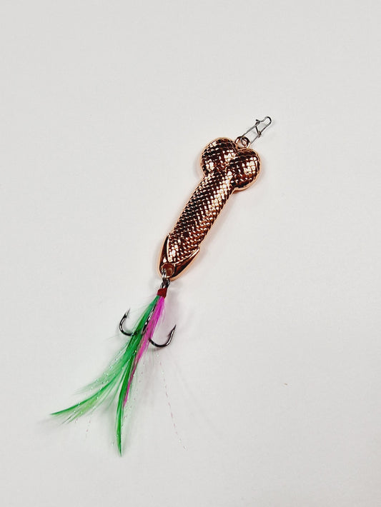 Divertido señuelo de pesca en forma de pene con muelles en metal bronce.